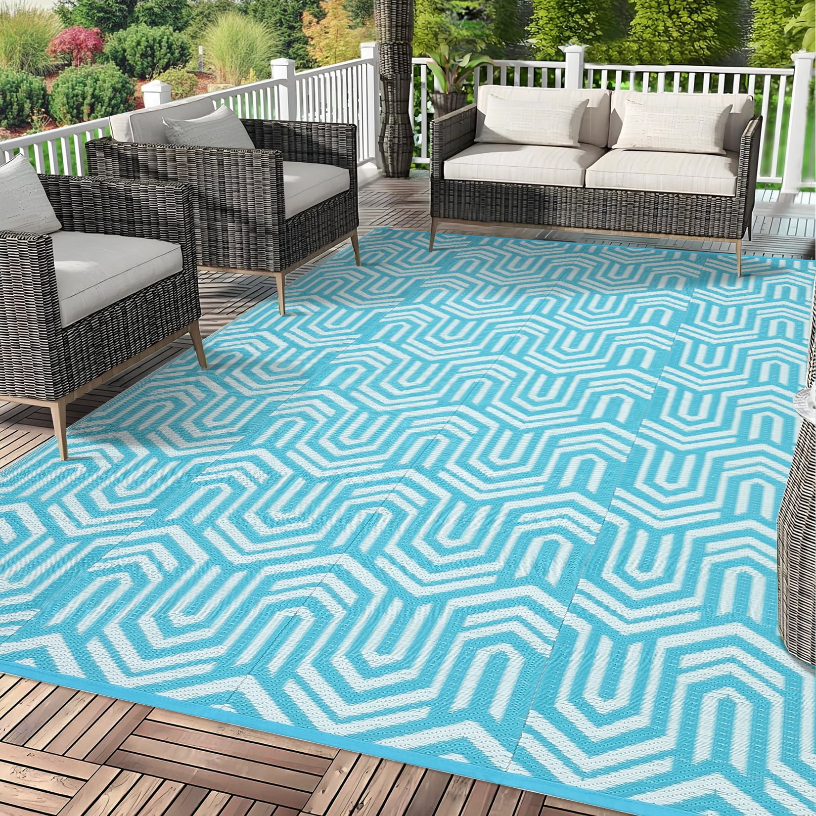 Garvee Waterproof Outdoor Rug 9x12ft Reversible Patio Rug, Plastic Straw Rug RV Camping Rug for Deck Balcony Porch Picnic Backyard, Light Blue