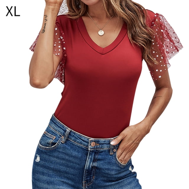 Camiseta de mujer Verano con cuello en V Gasa Lentejuelas Manga corta Top casual, Vino rojo, XL Inevent AP001323-16