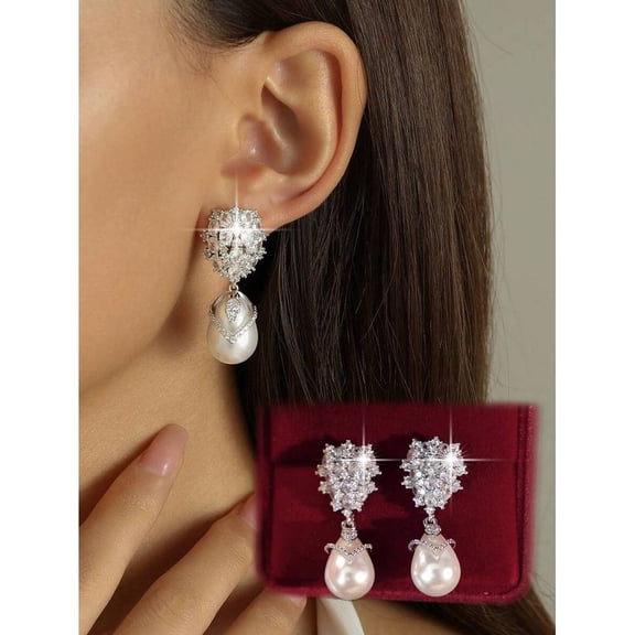 White Luxury Teardrop Faux Pearl Dangle Earrings With Cubic Zirconia Floral Top, Elegant Womens Jewelry
