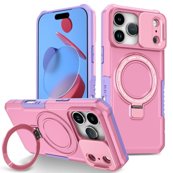 for iPhone 17 Pro Case with Camera Sliding Cover, [Compatible with MagSafe] with Magnetic Ring Kickstand, Military Grade Heavy Duty Protection Phone Case for iPhone 17 Pro, Pink