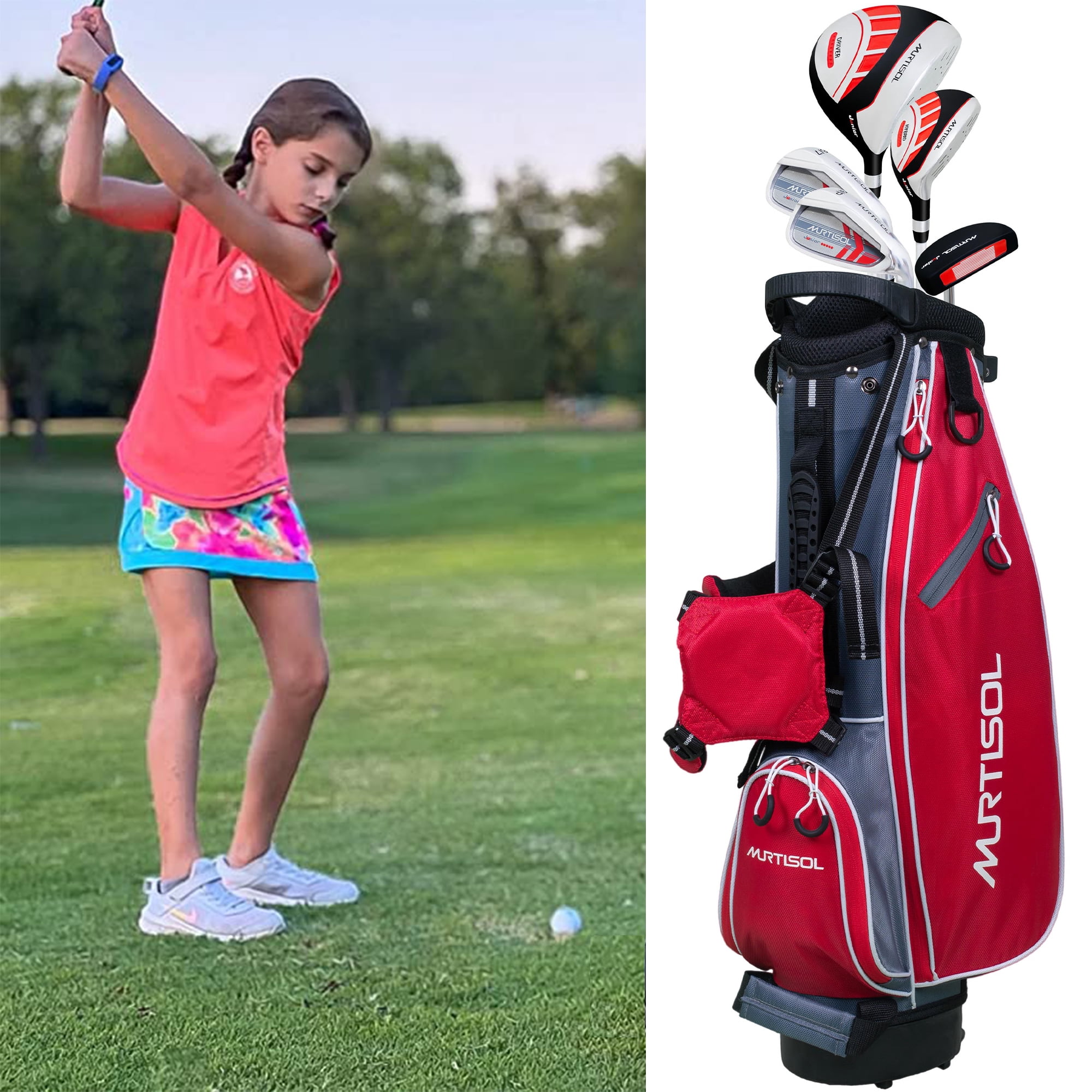 Segmart Golf Junior Golf Clubs Set, Kids Right-Hand Golf Club Sets for 9-12, Outdoor Complete Golf Club Sets with Stand & Bag, Red