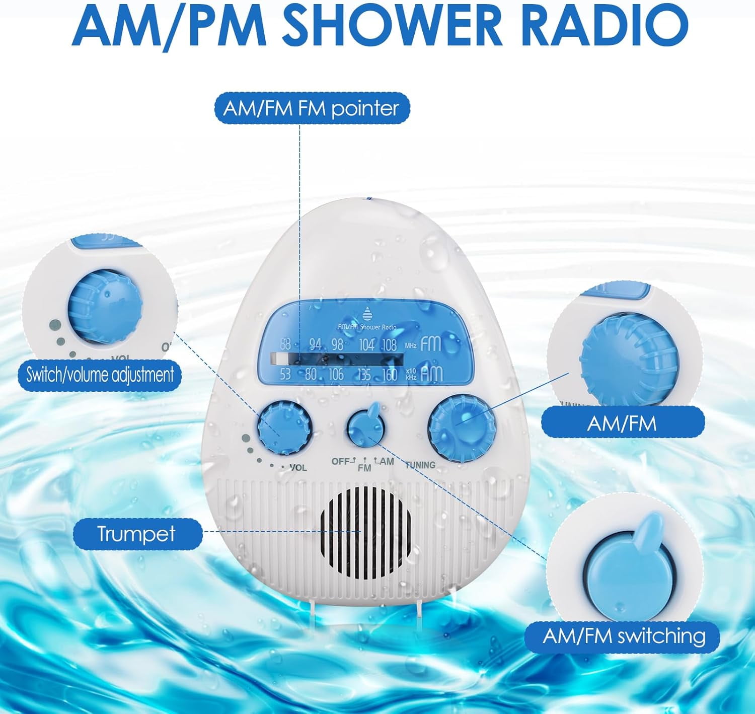 Waterproof Shower Radio, Portable AM/FM Bathroom Radio with Large Speaker for Crystal Clear Sound, Anti-Fog Design for Steamy Showers, Enjoy News & Music with Easy Knob Control.