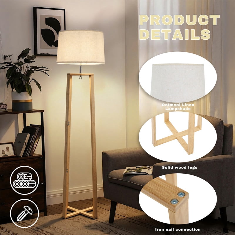 Booniture Bamboo Corner Floor Lamp for Living Room,Linen Shade Floor Lamps for Bedroom,Rustic Standing Lamp for Dining Room and House Décor with E26 Base Nature