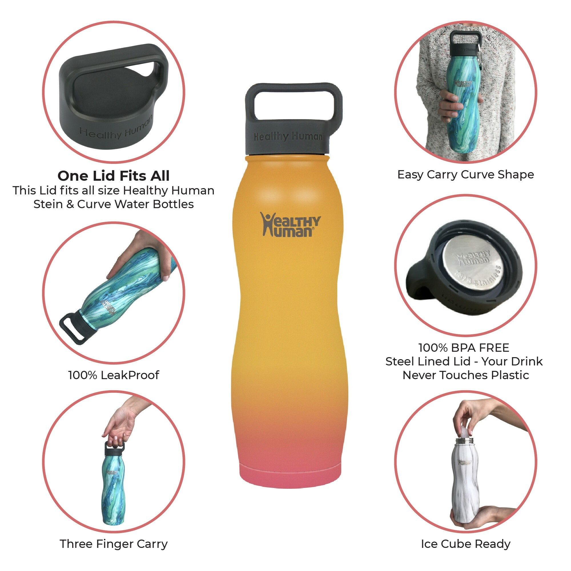 Healthy Human Stainless Steel Curve Water Bottle | 100% BPA Free Thermos for Kids & Adults | Double Walled Vacuum Insulated | Metal Bottles with Leak Proof Lid (21 oz/ 621 ML, Sunrise)