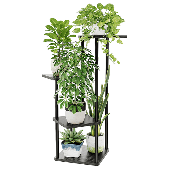 Bamworld Black Plant Stand Indoor 4 Tier Plant Shelf for Multiple Plants Corner Flower Stand Metal Wood Plant Table for Patio Garden Balcony Living Room Bedroom