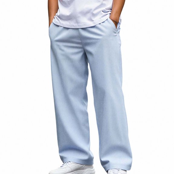 HOMADLES Men's Solid Color Pants Straight Leg Elastic Waist Flat Pants Side Pockets Casual Pants Light Blue Size L