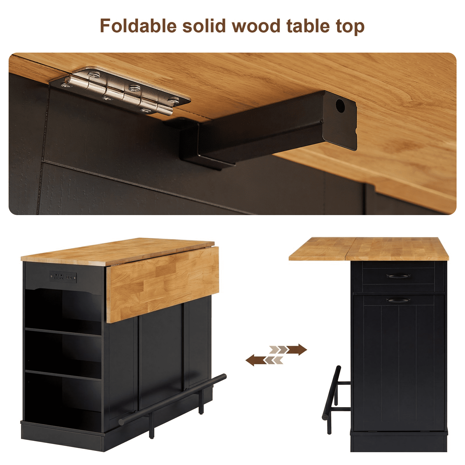 ROGALIS 47"Kitchen Island with 2 Chair, Stationary Island Table with Power Outlet, USB Ports, Spice Rack, Trash Cabinet, and Foldable Drop Leaf for Home Bar or Dining Room,Black