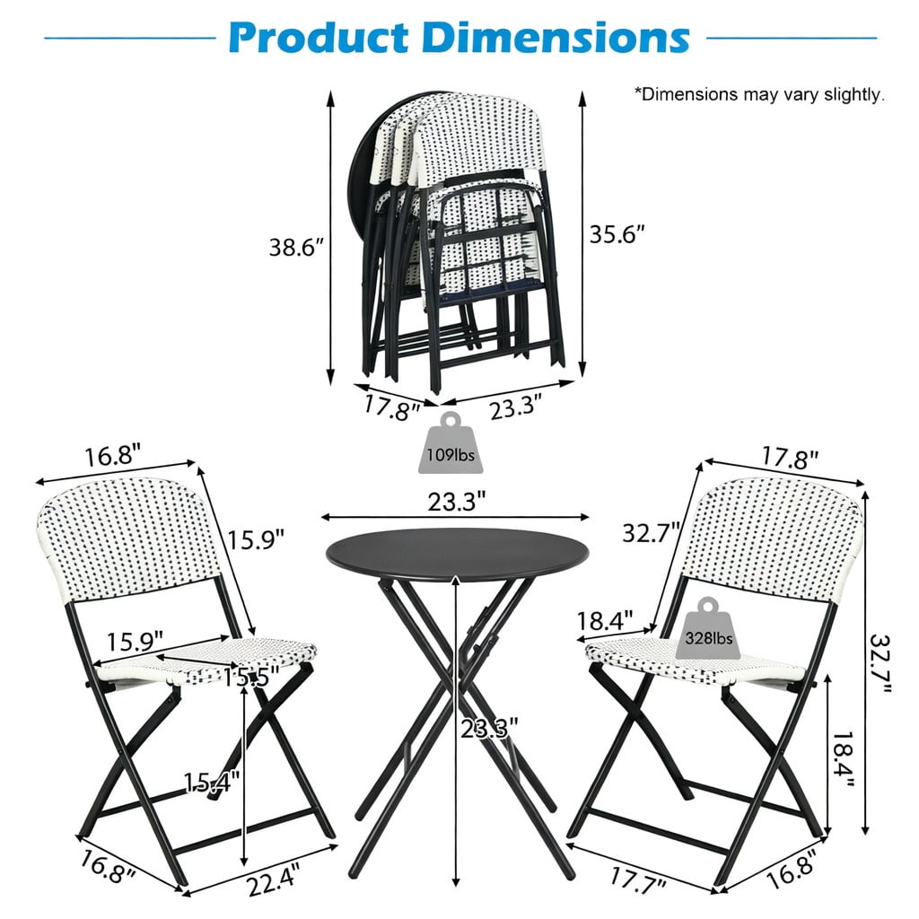 Hommoo 3-Piece Outdoor Rattan Bistro Set, Foldable Round Patio Table & 2 Ergonomic Chairs, PE Wicker on Steel Frame, for Deck, Balcony & Poolside, White and Black