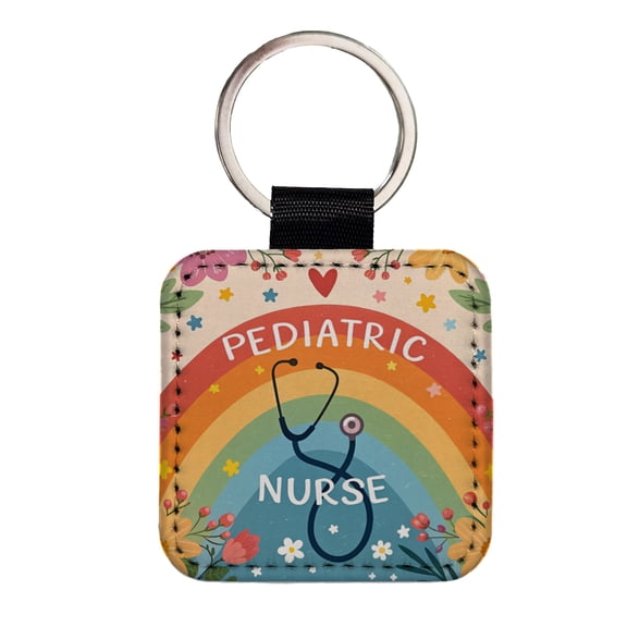 Pediatric Nurse Appreciation Stethoscope Flowers Faux Leather Square Keychain
