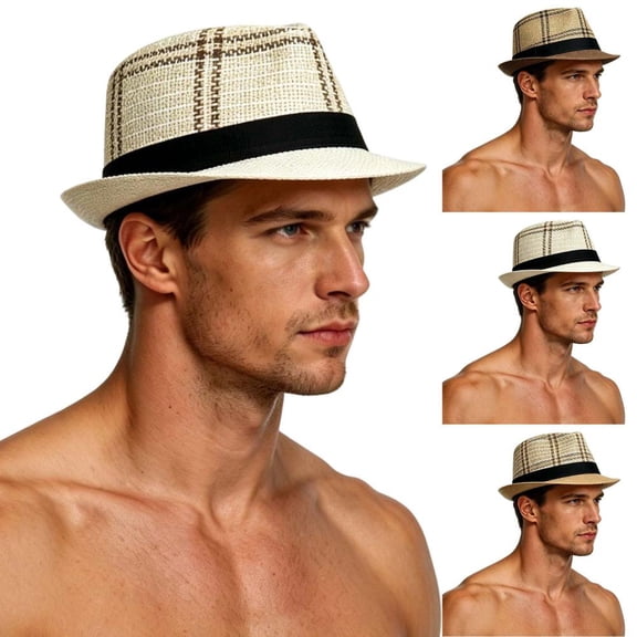 Bxsruta Men's Straw Fedora Hat Lightweight Breathable Summer Sun Hat Wide Brim Panama Style Outdoor UV Protection Beach Vacation Casual Headwear
