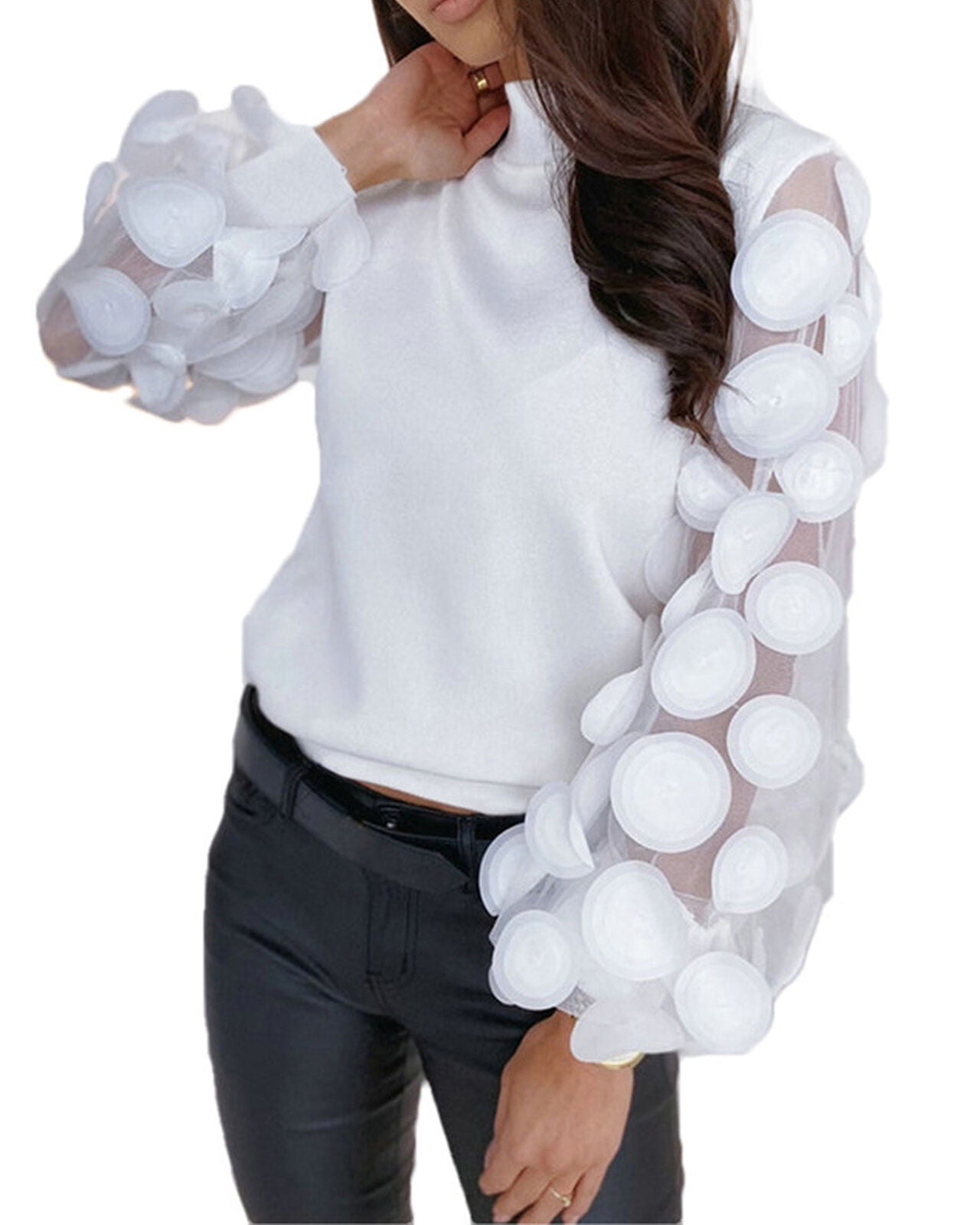 Multitrust - Women's Sheer Mesh Puff Long Sleeve Tops,Turtleneck Mesh Puff Sleeve Cutout Top 