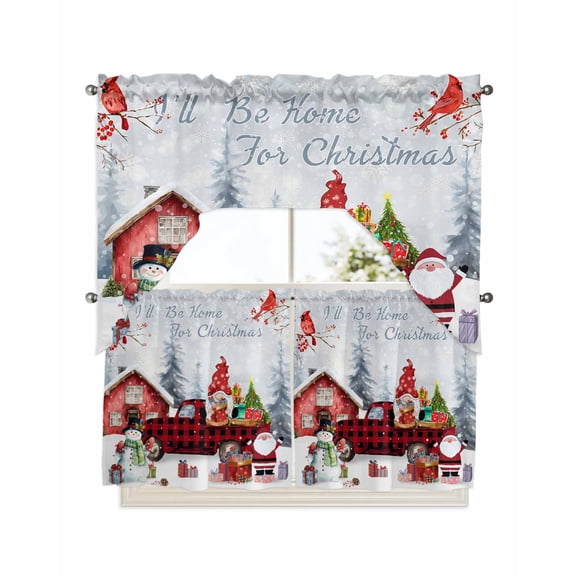 Christmas Kitchen Curtains Swag Valance and Tier Curtains Set 24 Inch Length, Snowman Gnomes Cardinal Red Truck Barn Snow Rod Pocket Drape Panels Pair Swag Curtains for Bathroom/Cafe/Window