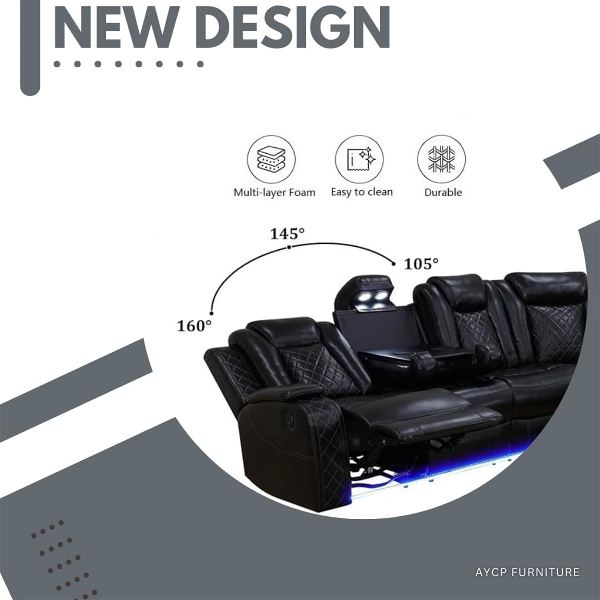 Aukfa 3-Piece Power Recliner Sofa Set 6 Seat Sectional Couch with LED Light, Cup Holders&Storage Console, Black