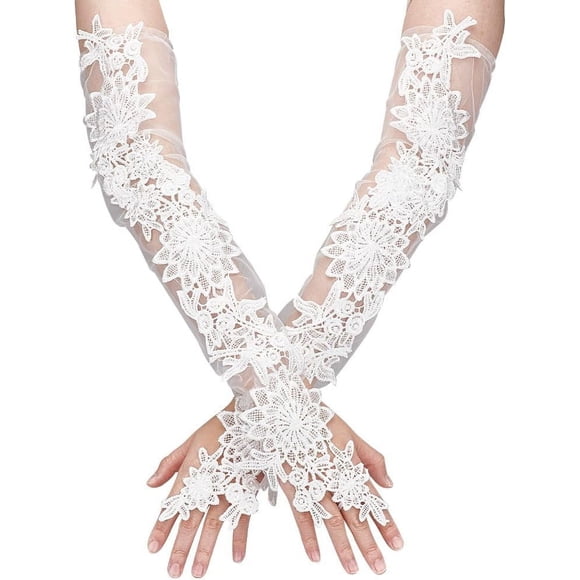 White Lace Fingerless Gloves Flower Pattern Polyester Elbow Length Wedding Gloves for Women