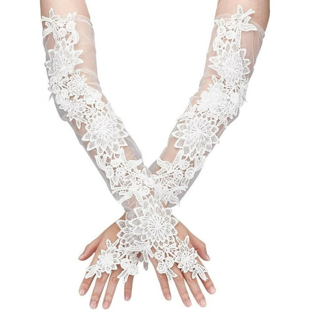 Guantes blancos de encaje sin dedos con estampado floral, de poliéster, hasta el codo, ideales para bodas.