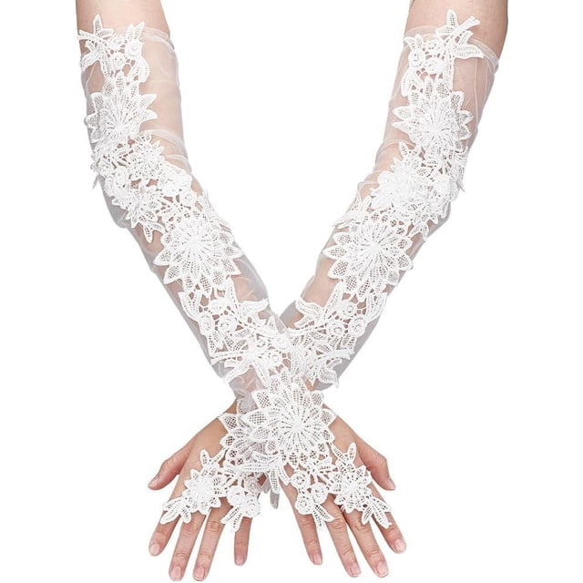 White Lace Fingerless Gloves Flower Pattern Polyester Elbow Length Wedding Gloves for Women