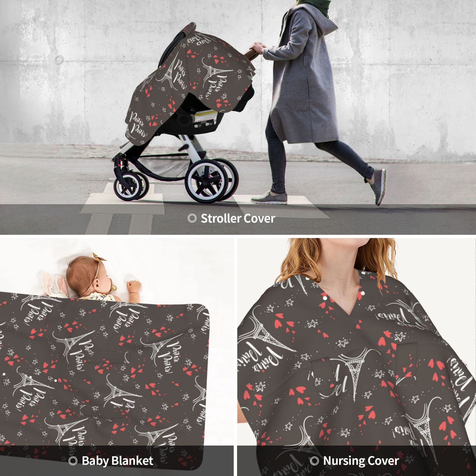 Car Seat Cover Baby - Eiffel Towers heart Breathable Infant Car Seat Cover for Baby Carseat, Lightweight Comfort Baby Essentials Must Haves Newborn Stuff for Girl Boy