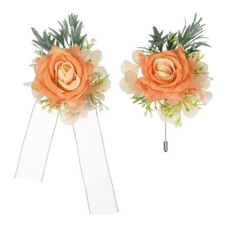 Uxcell Light Orange Wrist Corsage and Boutonnieres Set, Artificial Flowers Corsage Wristlet for Wedding Bride Groom Ceremony Anniversary Prom Party