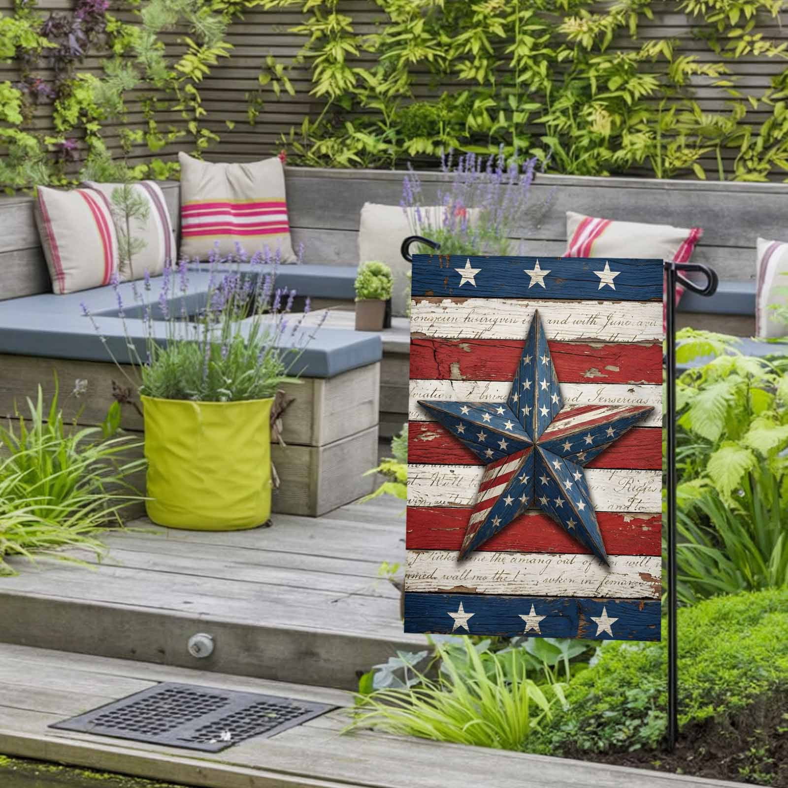 4th of July Garden Flags Patriotic Star Stripes Garden Flag Double Sided Welcome Flag Retro Wood Grain Independence Day Yard Flags for Outdoor Lawn Porch Memorial Day Holiday Decor 28x40 Inch