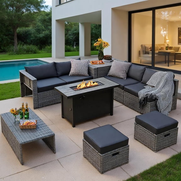 Topcobe 9 Pieces Patio Furniture Set with 42 Inches 60000 BTU Fire Pit, Outdoor Patio Furniture, Gray