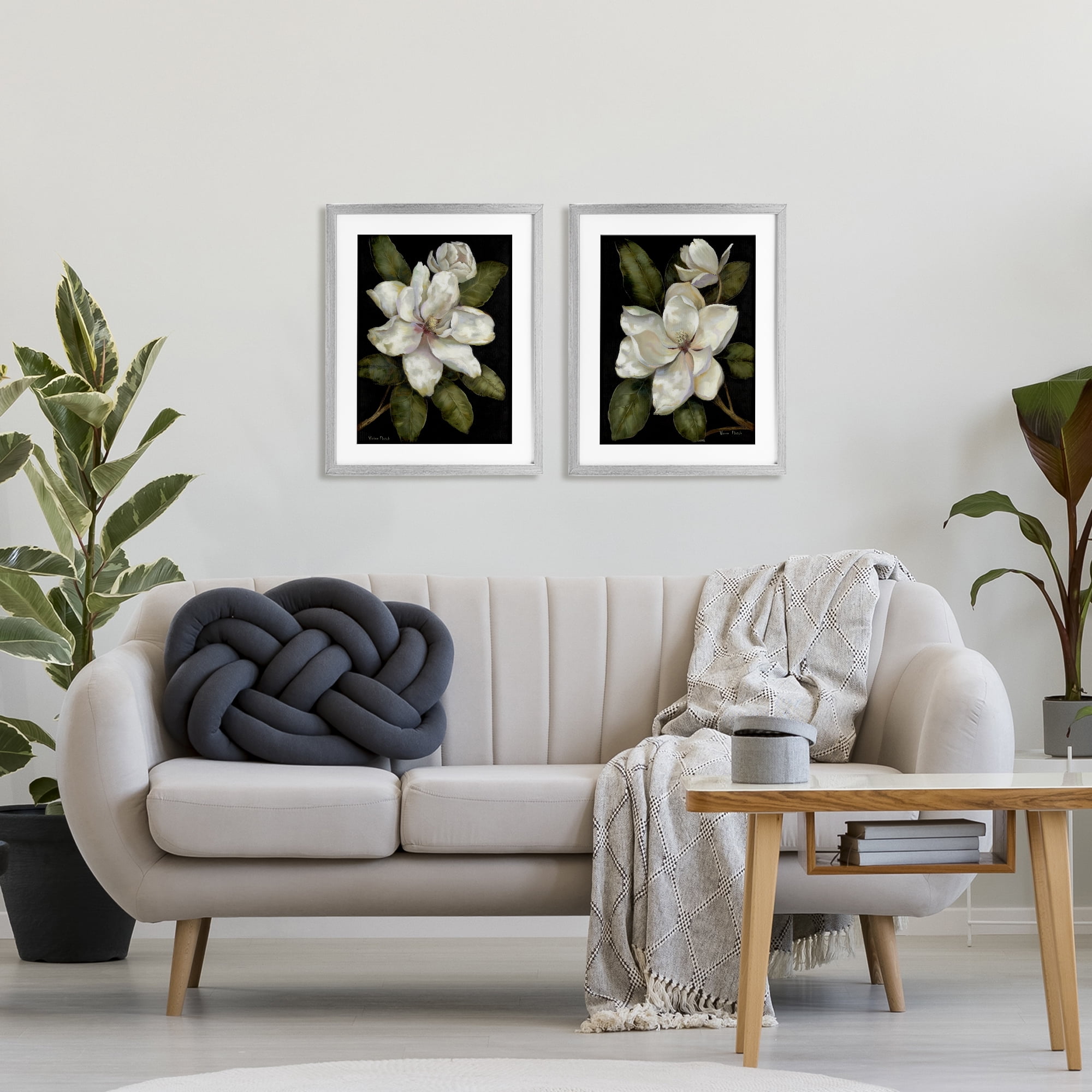 Stupell Industries Magnolia Buds & Blooms 2 Piece Gray Framed Print Under Glass Set, design by Nan