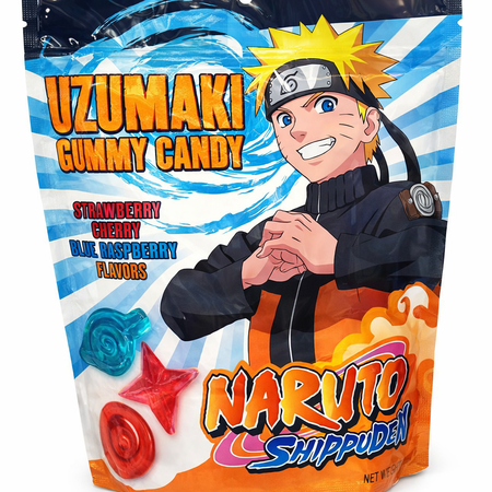 Naruto Shippuden Uzumaki Gummy Candy Strawberry Cherry Blue Raspberry Flavors Individually Wrapped Reclosable Bag 8 Ounce