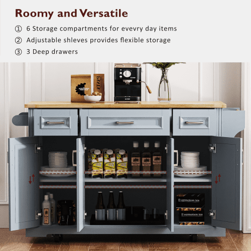 54 Inch Kitchen Island with Drop Leaf, Rolling Kitchen Cart on Wheels with Storage, 4 Doors & 3 Drawers, Farmhouse Style Mobile Island for Kitchen, Grey Blue