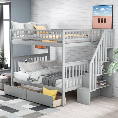 UBesGoo Full Over Full Bunk Beds  with 2 Drawers Stairway Bunk Bed Frame  Gray