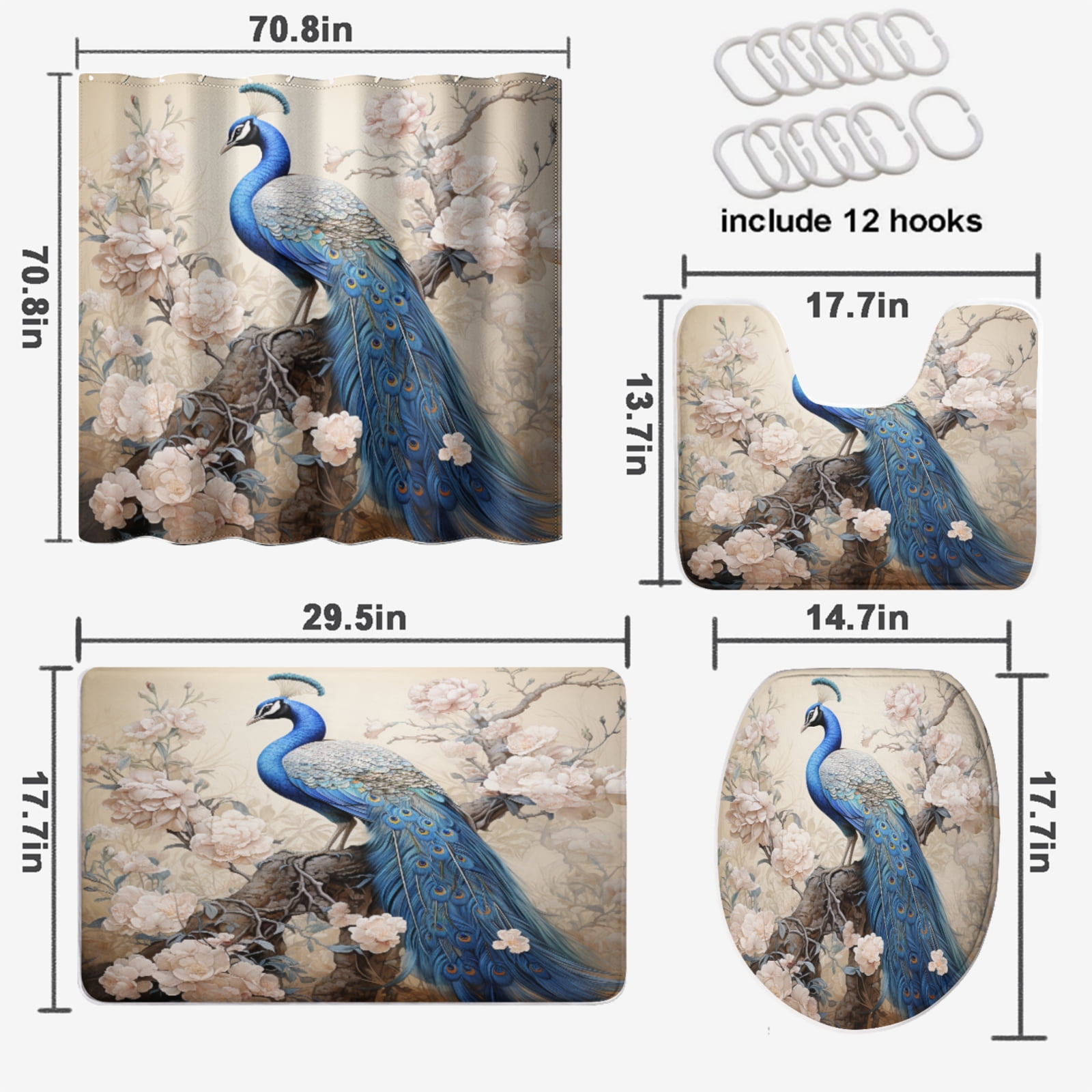 Peacock Shower Curtain Sets with Rugs 4 Piece Blue Beautiful Bird Asian Animals Peacock Feather with Non-Slip Rugs Toilet Lid Cover and Bath Mat Bathroom Decor Set, 72x72 Inch