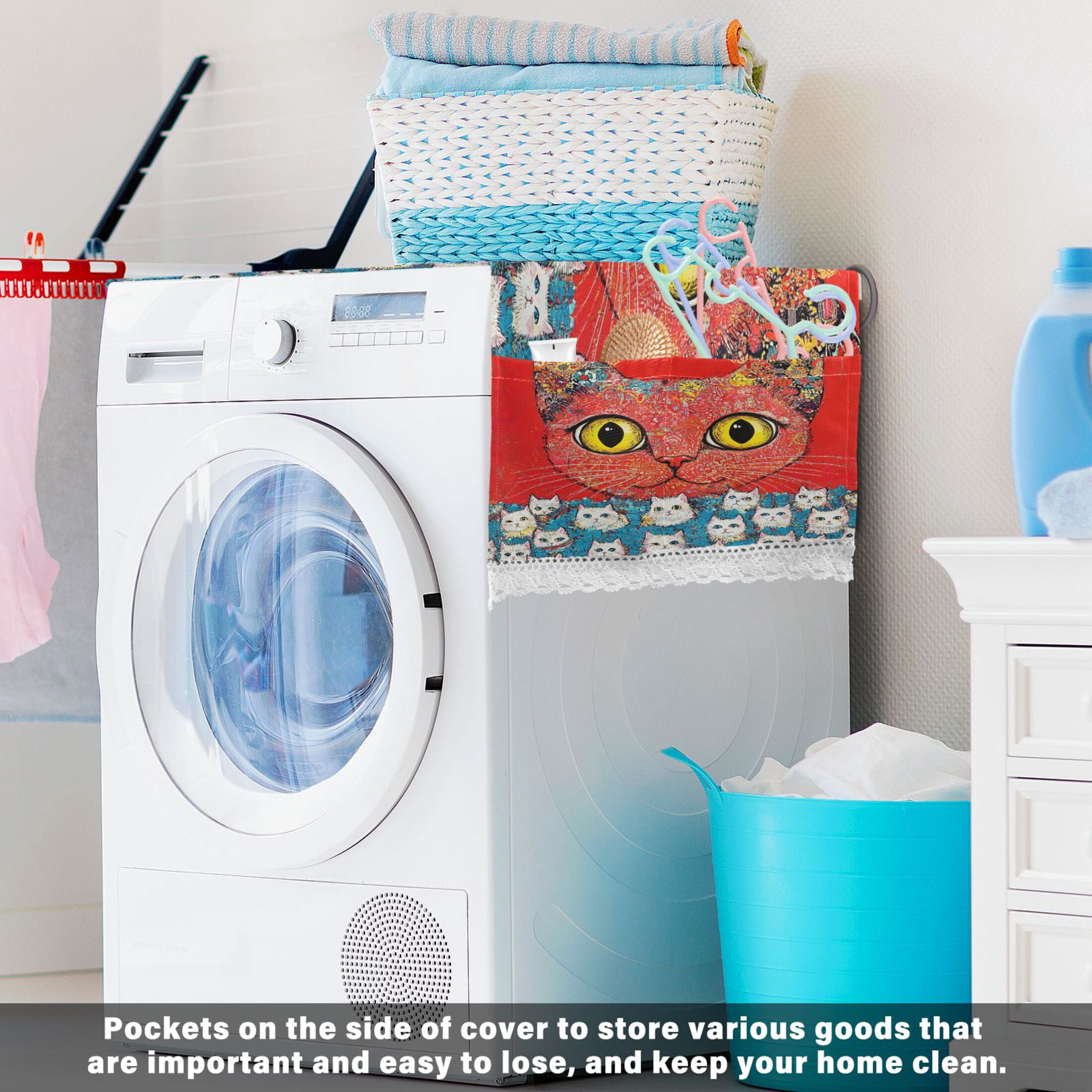 Washing Machine Cover 51.2x22in, Durable Polyester Dust Cover with Lace Trim and Side Pocket for Appliances Graffiti Cat