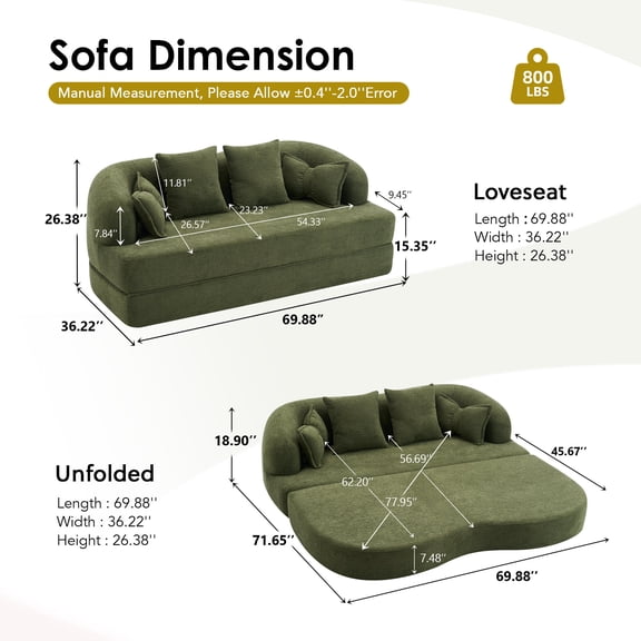 Modern Loveseats 2-in-1 Foldable Sofa Bed,70 Inch Folding Boneless Couch Convertible Compressed Sleeper Sofabed, 4 Pillows for Living Room Apartment,Green,Fabric Loveseats