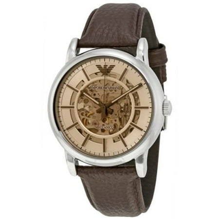 Emporio Armani Leather - Emporio Armani AR1982 Luigi Skeleton Automatic Men's Dress Brown Leather Watch