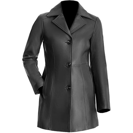 Tiptop Trench Leather Coat for Women Genuine Leather 3-Button Long Coat ...