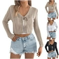 thumbnail image 2 of QSAWXQZ Women's Crochet Cover up V Neck Tie Front Long Sleeve Sheer Knit Cropped Cardigan XL, 2 of 9
