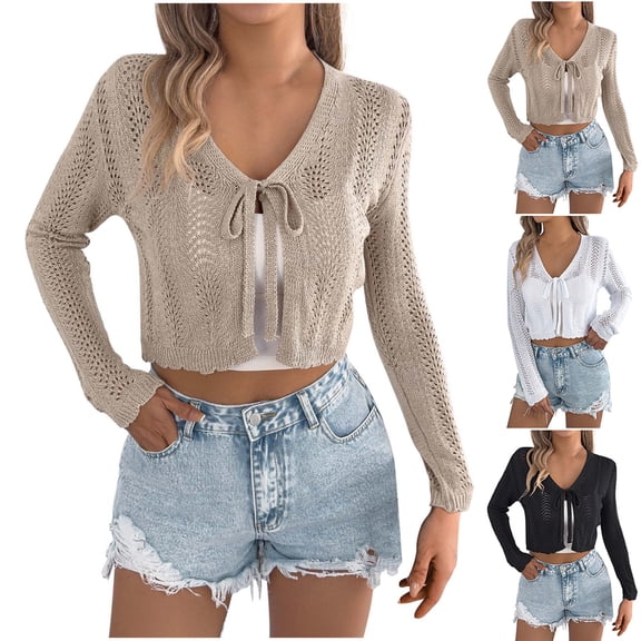 Oksale Cropped Cover Ups for Women Hollow Out Tie Front Crochet Cardigan Long Sleeve Simsuit Coverup 2026 Black S