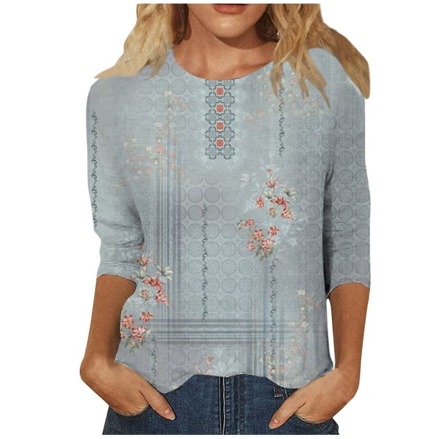 fartey T-Shirt Tunique à Manches 3/4 pour Femme Grande Taille, Tendance, à Imprimé Floral, Chandail à Enfiler, Hauts Décontractés à Col Rond, T-Shirts Doux et Confortables, Blouses de Plage Mode, Haut, P-4TG