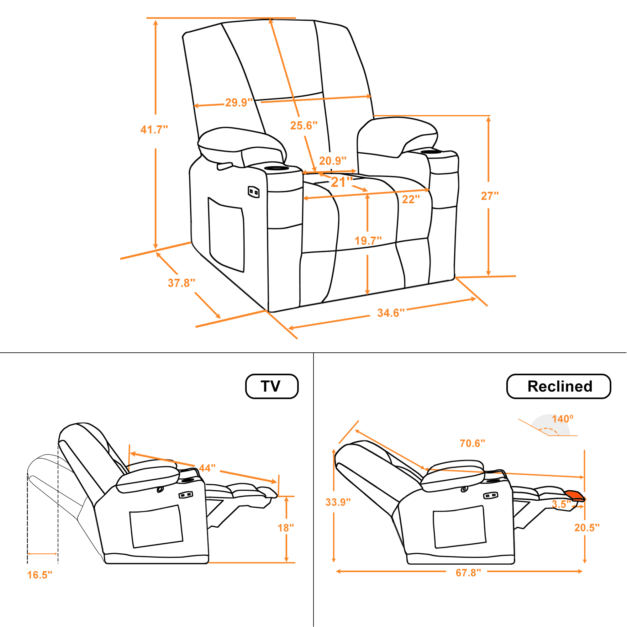 MCombo Electric Power Recliner Chair with Massage & Heat, Extended Footrest, USB Ports, 2 Side & Front Pockets, Cup Holders, Brown Plush Fabric 8015