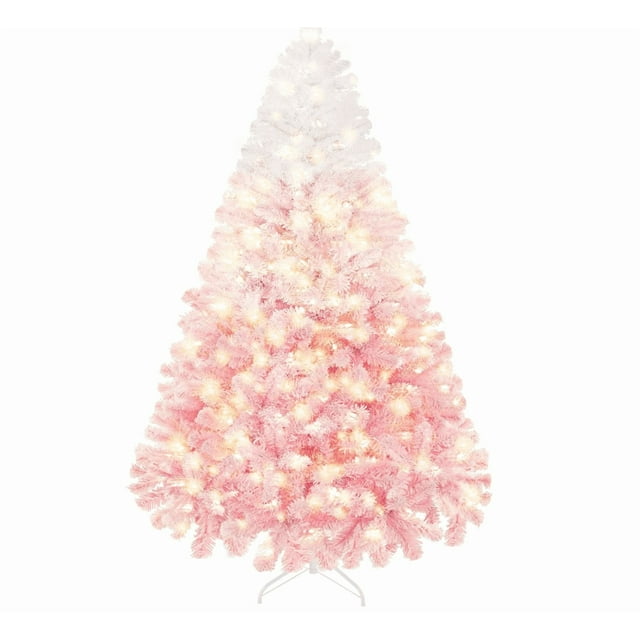 Pink Christmas Tree,9ft Snow Flocked Artificial Christmas Tree with LED Warm White Lights & Metal Stand, Prelit Xmas Holiday Decoration for Home, Office