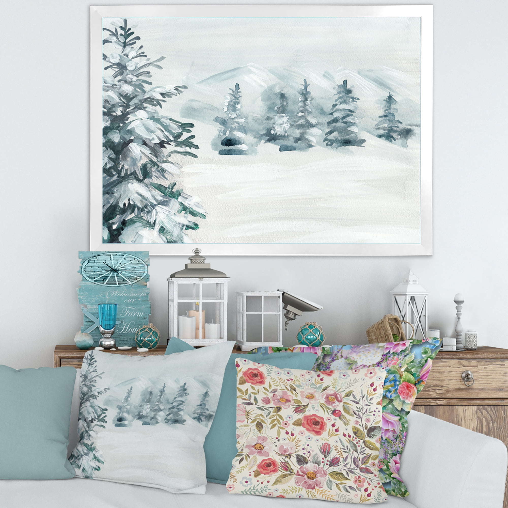 Designart 'Snowy Pine Trees On Mountain' Traditional Framed Art Print