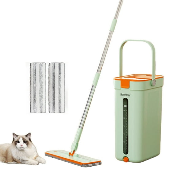 Eurhowing Flat Floor Mop and Bucket Set, Hands-Free Wringing Mop with 2 Washable Microfiber Pads, Flat Mop for Tile, Hardwood, Laminate Floors, Green