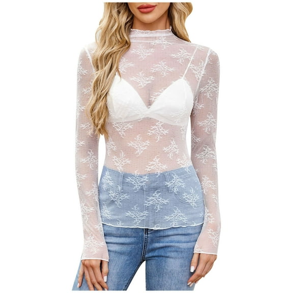 Perfectbot Womens Mesh Lace Tops Long Sleeves Mock Neck Sheer Blouses Party Club Casual Blouse