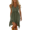thumbnail image 2 of Guieoi Summer Dresses for Women under $10 Plus Size Solid-Color Casual Washed Wrinkle Button-Down Hem Asymmetrical Ruffled Sleeveless Dress Green L, 2 of 6
