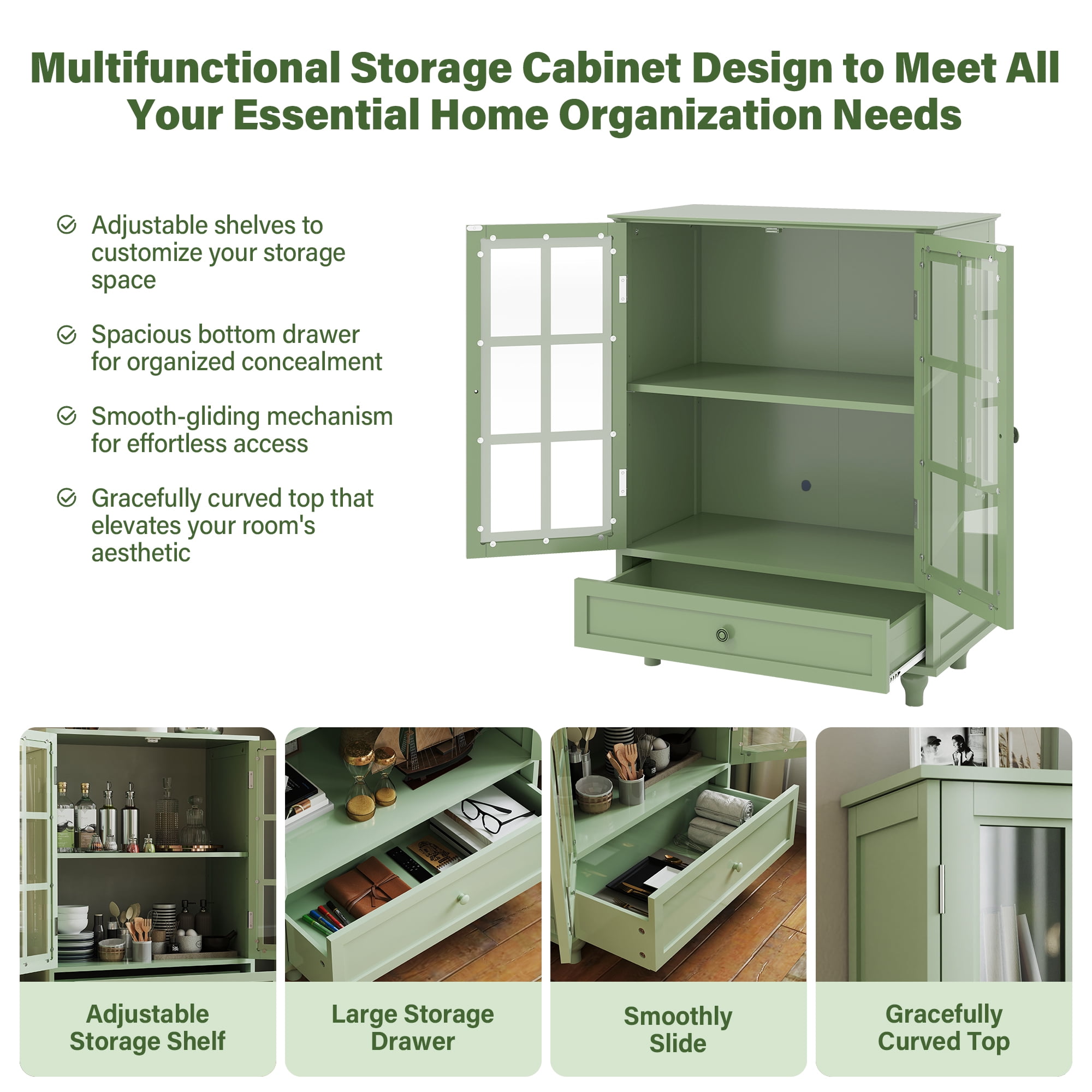 Aukfa Buffet Pantry Cabinet,2 Doors Wood Sideboard Storage Cabinet for Dining Room Hallway Entryway,Green