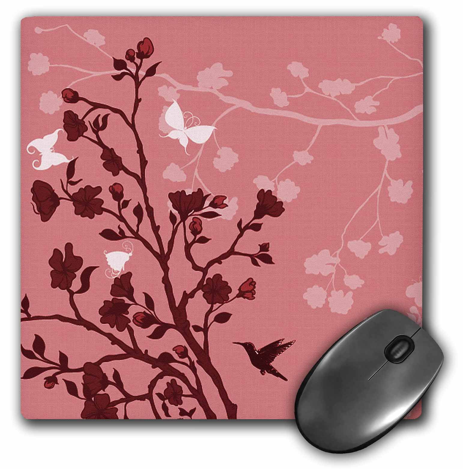 3dRose Red on Red Cherry Blossoms with A Hummingbird and Butterflies ...