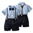 thumbnail image 2 of Tiweut 2 Piece Outfits for Boys Toddler Short Sleeve Lapel Striped T Shirt Tops Suspenders Shorts Kids Gentleman Relaxed Fit Boy's Clothes Suits 12-18 M, 2 of 8