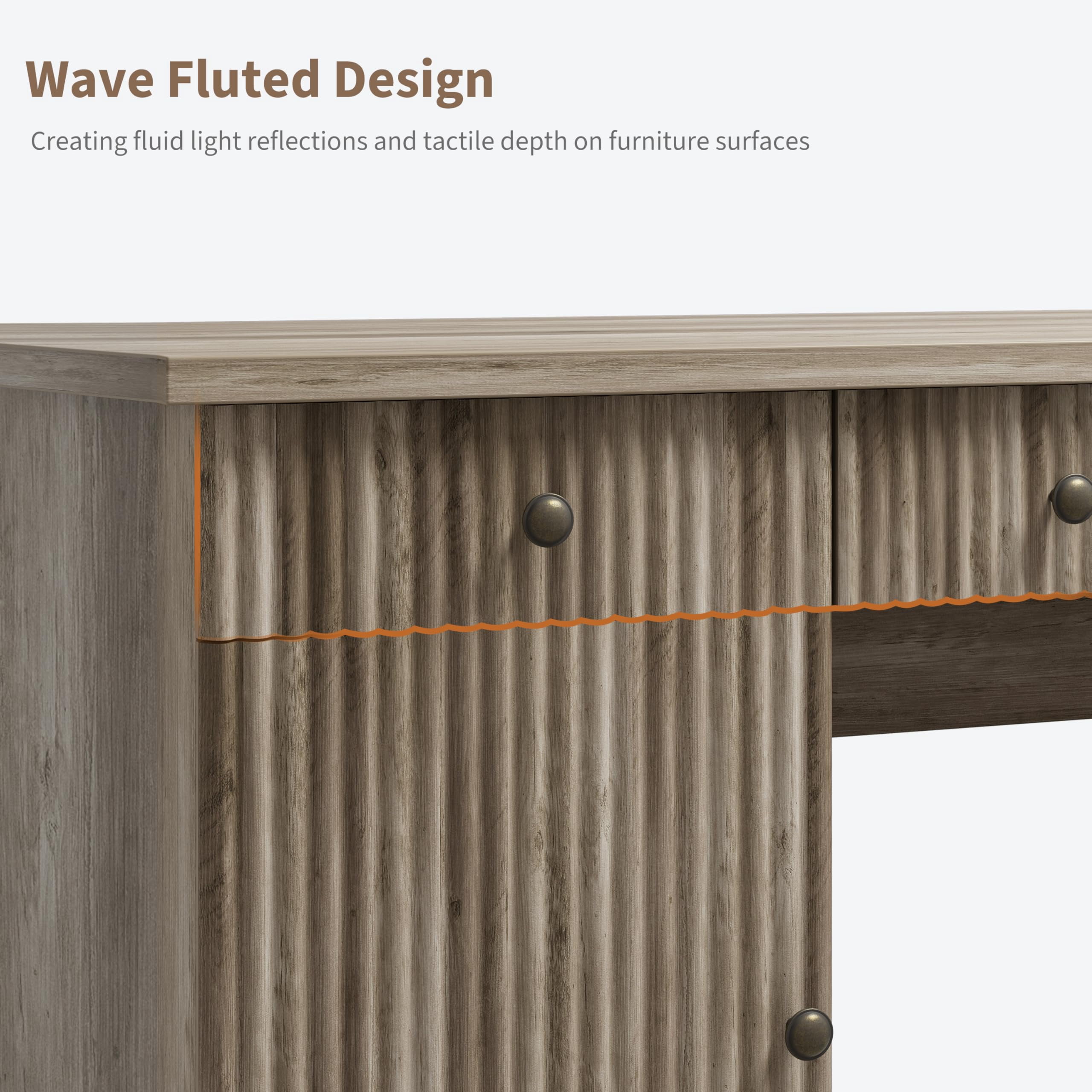 Garvee 60" Fluted Executive Desk with Charging Station & File Storage – Modern Wooden Computer Desk for Home Office, Study, Living Room or Bedroom-Gray