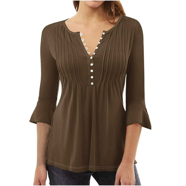 AherBiu 3/4 Sleeve Tunic Tops for Women Ruched Ruffle Half Button Notch V Neck Summer Casual Shirts Blouse