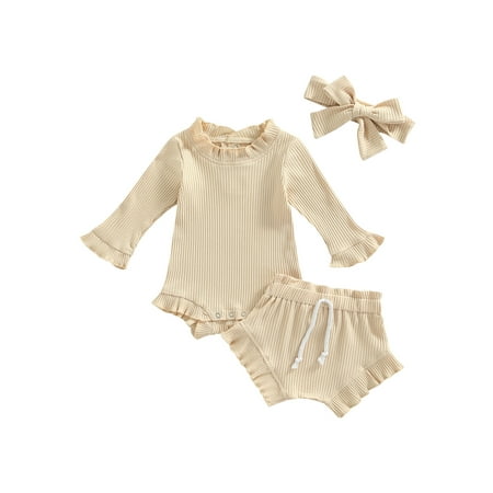 

Calsunbaby Kids Toddler Girls 3Pcs Clothes Outfits Round Neck Long Sleeve Ruffle Tops + Shorts + Headwrap Apricot 12-18 Months