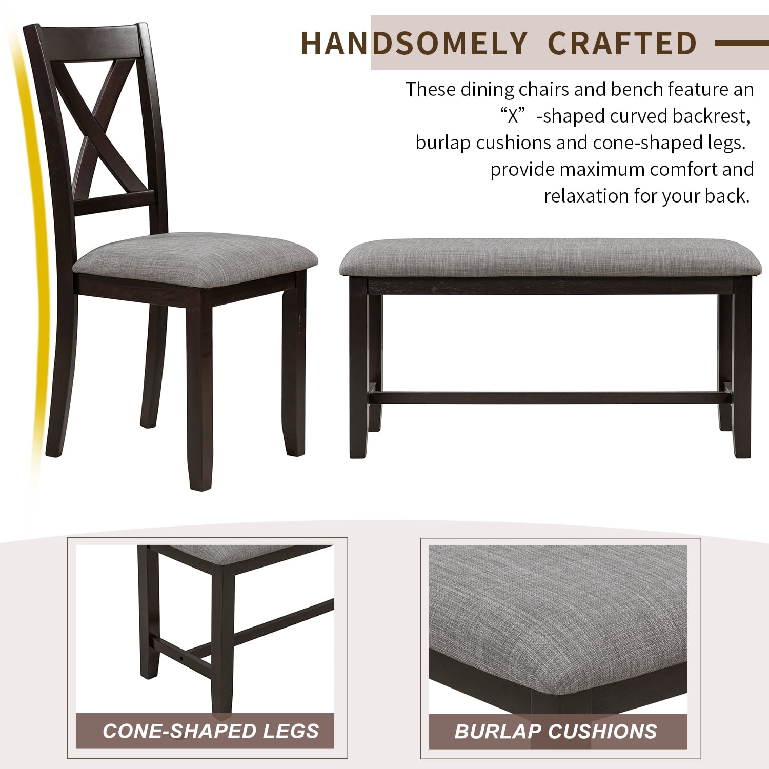 Kadyn Rectangular Dining Table Set 6 Pc, Wooden Modern Dining Chairs Seat, 6-piece Kitchen Dining Table Set Dining Table, 4 Dining Chairs and Bench, Espresso Kadyn Rectangular Dining Table Set 6 Pc, Wooden Modern Dining Chairs Seat, 6-piece Kitchen Dining Table Set Dining Table, 4 Dining Chairs and Bench, Espresso