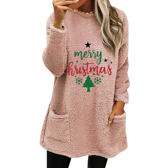 Chandail en Molleton Ample Décontracté à Manches Longues Col Rond Double Velours Automne Hiver Imprimé de Noël avec Poche Sans Capuche pour Femmes